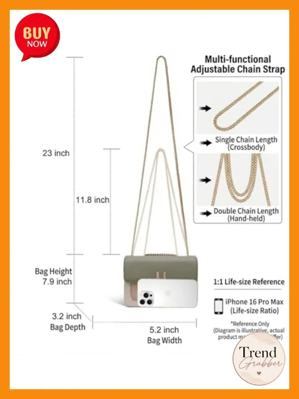 Vegan Leather Quilted Crossbody Bag with Gold Chain Strap